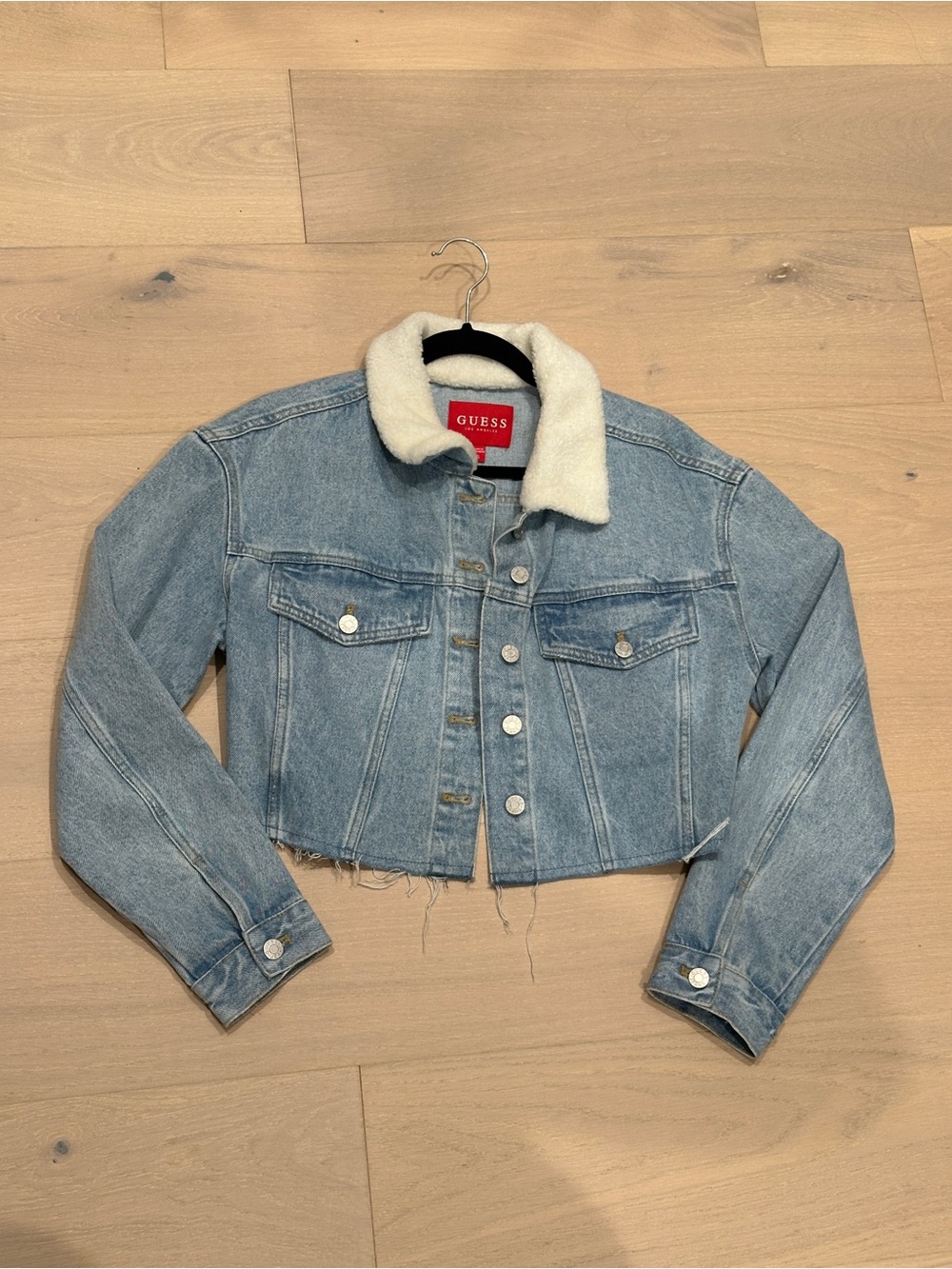 GUESS Light Blue Cropped Denim Jacket with White Sherpa Collar